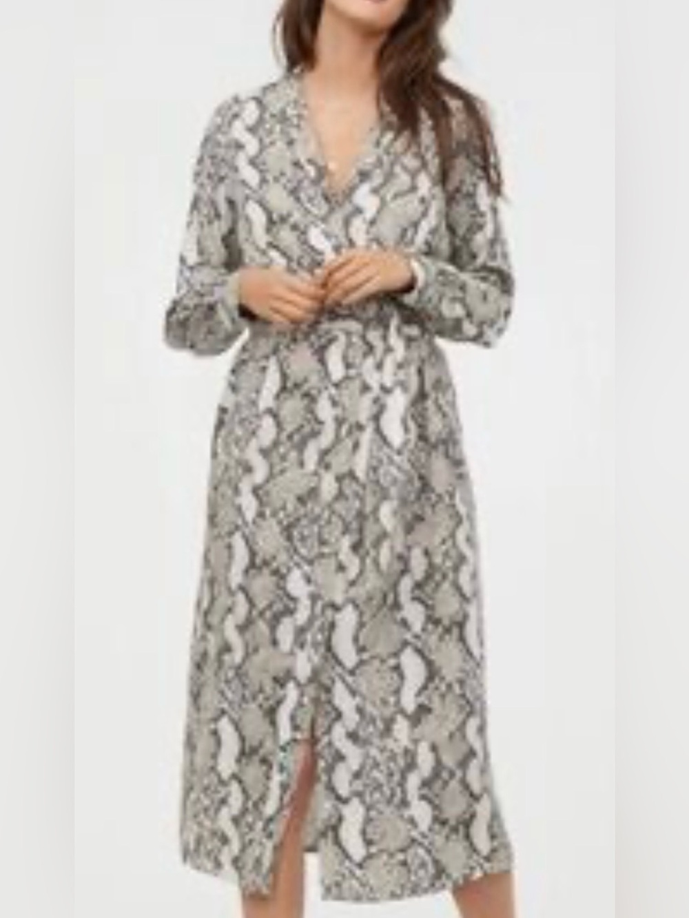 H&M Snakeskin Print Long Sleeve Belted Midi Shirt Dress